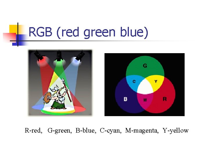 RGB (red green blue) R-red, G-green, B-blue, C-cyan, M-magenta, Y-yellow 