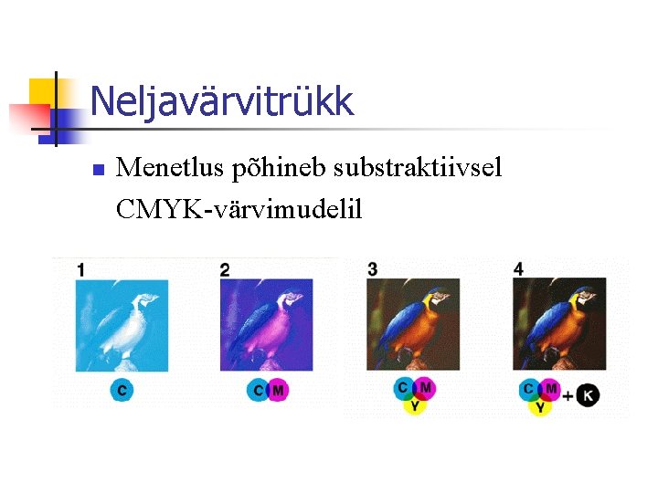 Neljavärvitrükk n Menetlus põhineb substraktiivsel CMYK-värvimudelil 