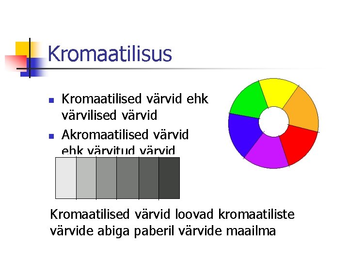 Kromaatilisus n n Kromaatilised värvid ehk värvilised värvid Akromaatilised värvid ehk värvitud värvid Kromaatilised