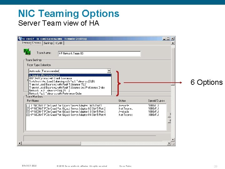 NIC Teaming Options Server Team view of HA 6 Options BRKDCT-2023 © 2010 Cisco