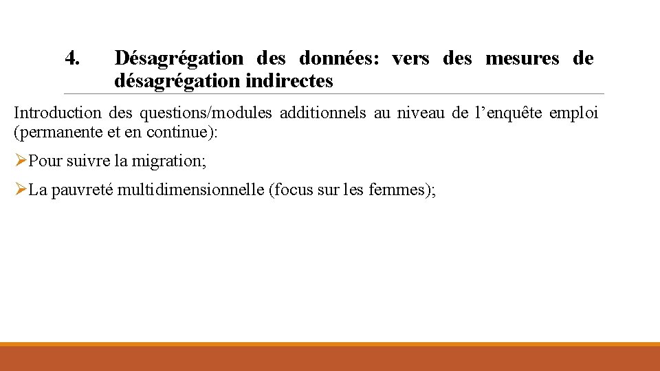 4. Désagrégation des données: vers des mesures de désagrégation indirectes Introduction des questions/modules additionnels