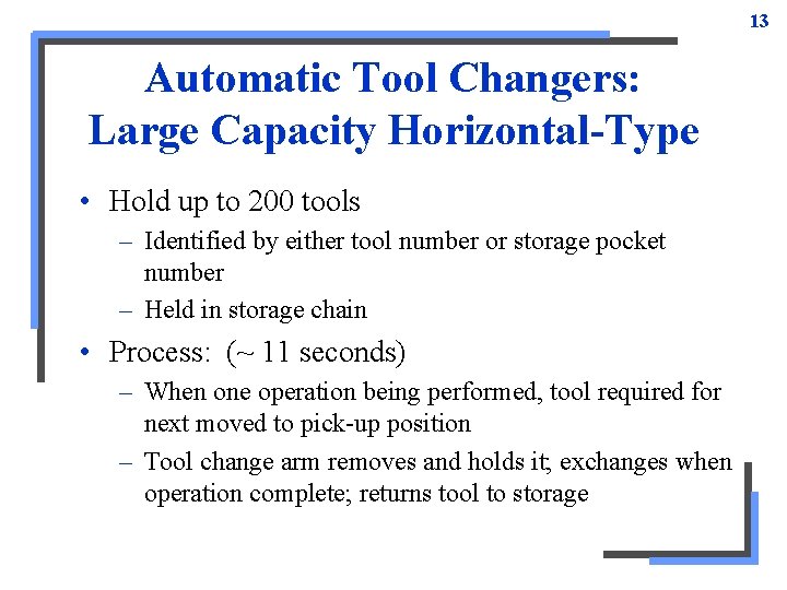 13 Automatic Tool Changers: Large Capacity Horizontal-Type • Hold up to 200 tools – 13 Automatic Tool Changers: Large Capacity Horizontal-Type • Hold up to 200 tools –