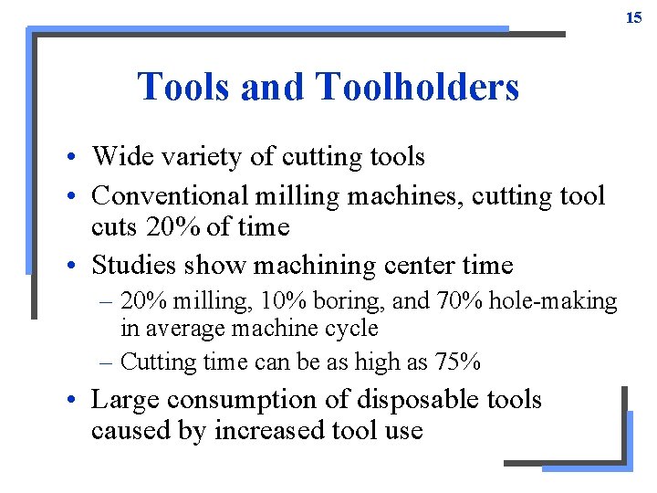 15 Tools and Toolholders • Wide variety of cutting tools • Conventional milling machines, 15 Tools and Toolholders • Wide variety of cutting tools • Conventional milling machines,