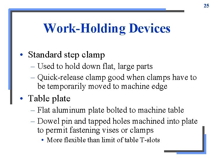 25 Work-Holding Devices • Standard step clamp – Used to hold down flat, large 25 Work-Holding Devices • Standard step clamp – Used to hold down flat, large