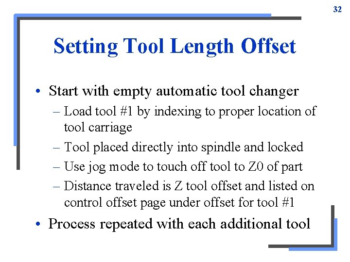 32 Setting Tool Length Offset • Start with empty automatic tool changer – Load 32 Setting Tool Length Offset • Start with empty automatic tool changer – Load