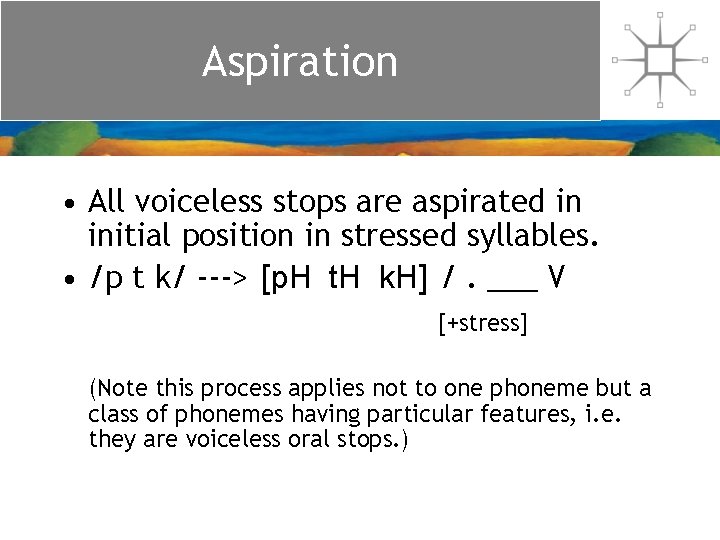 Aspiration • All voiceless stops are aspirated in initial position in stressed syllables. • Aspiration • All voiceless stops are aspirated in initial position in stressed syllables. •