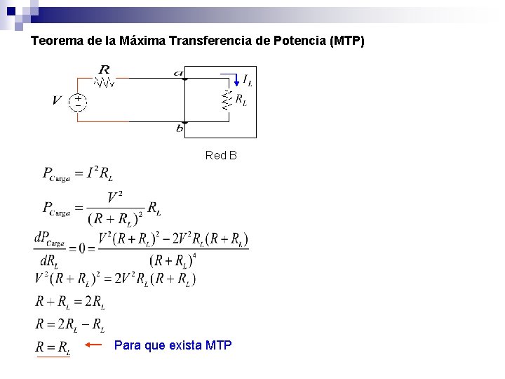 Teorema de la Máxima Transferencia de Potencia (MTP) Red B Para que exista MTP