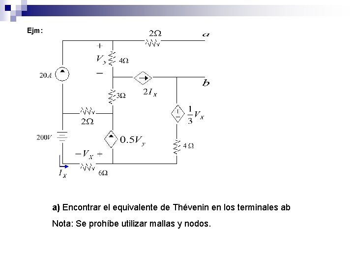 Ejm: a) Encontrar el equivalente de Thévenin en los terminales ab Nota: Se prohíbe