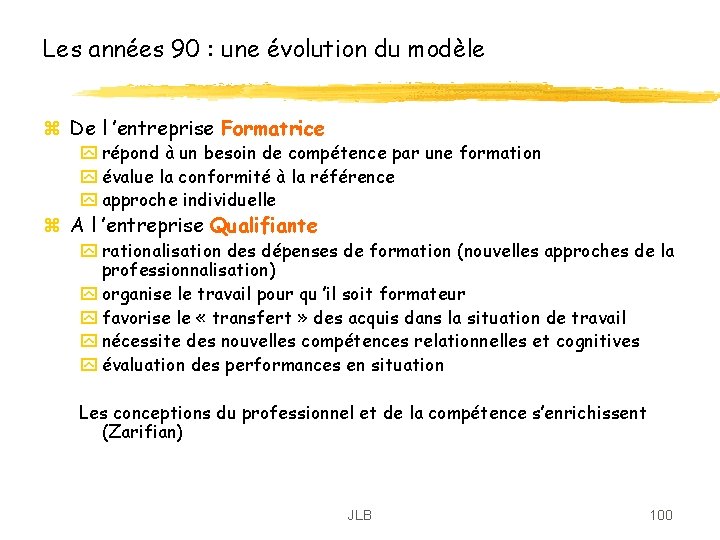 Les années 90 : une évolution du modèle z De l ’entreprise Formatrice y Les années 90 : une évolution du modèle z De l ’entreprise Formatrice y