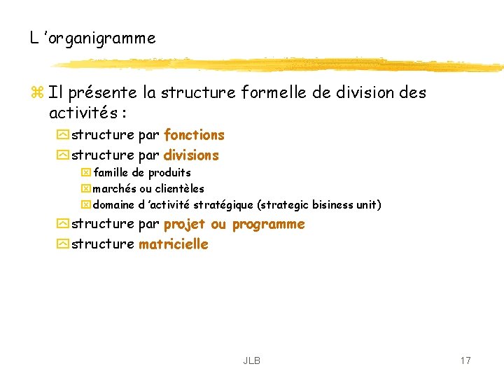 L ’organigramme z Il présente la structure formelle de division des activités : y L ’organigramme z Il présente la structure formelle de division des activités : y