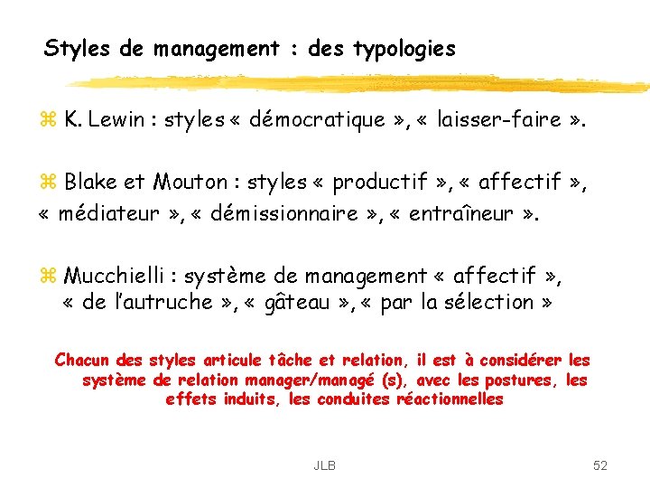 Styles de management : des typologies z K. Lewin : styles « démocratique » Styles de management : des typologies z K. Lewin : styles « démocratique »