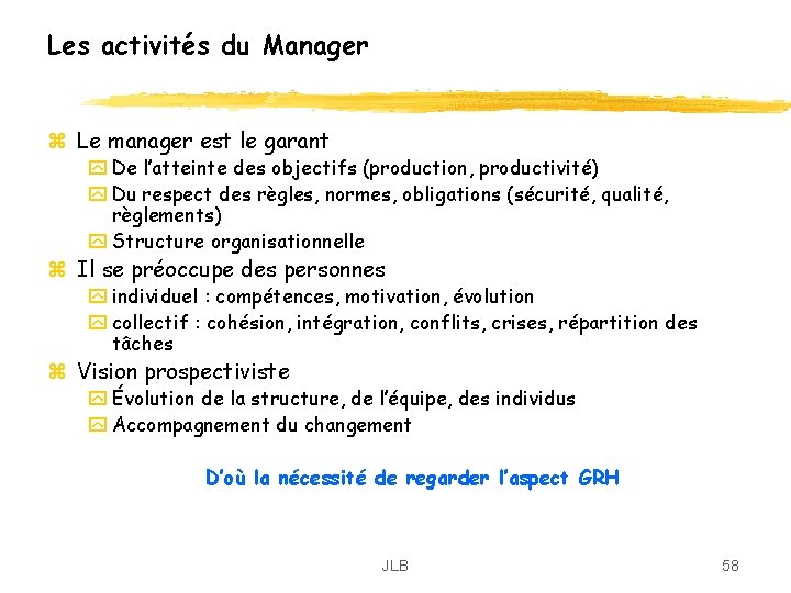 Les activités du Manager z Le manager est le garant y De l’atteinte des Les activités du Manager z Le manager est le garant y De l’atteinte des