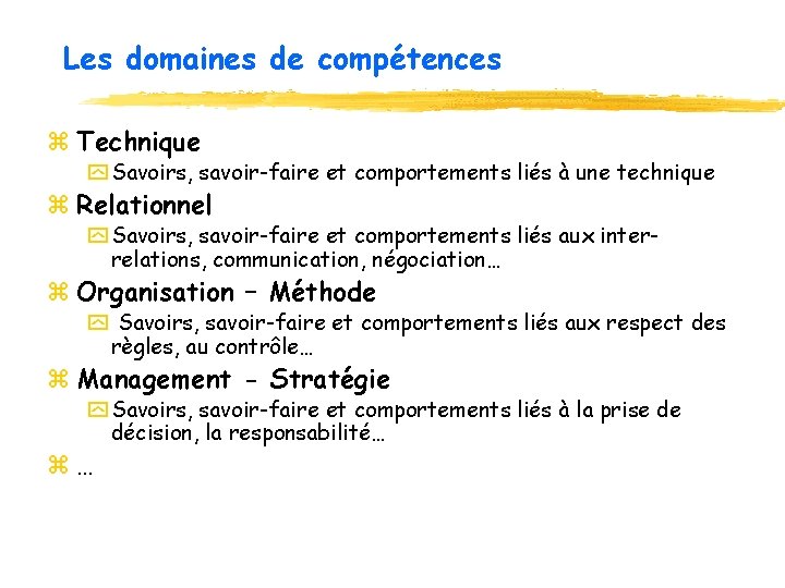 Les domaines de compétences z Technique y Savoirs, savoir-faire et comportements liés à une Les domaines de compétences z Technique y Savoirs, savoir-faire et comportements liés à une