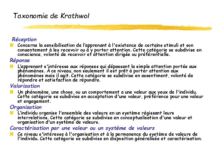 Taxonomie de Krathwol Réception z Concerne la sensibilisation de l‘apprenant à l'existence de certains Taxonomie de Krathwol Réception z Concerne la sensibilisation de l‘apprenant à l'existence de certains
