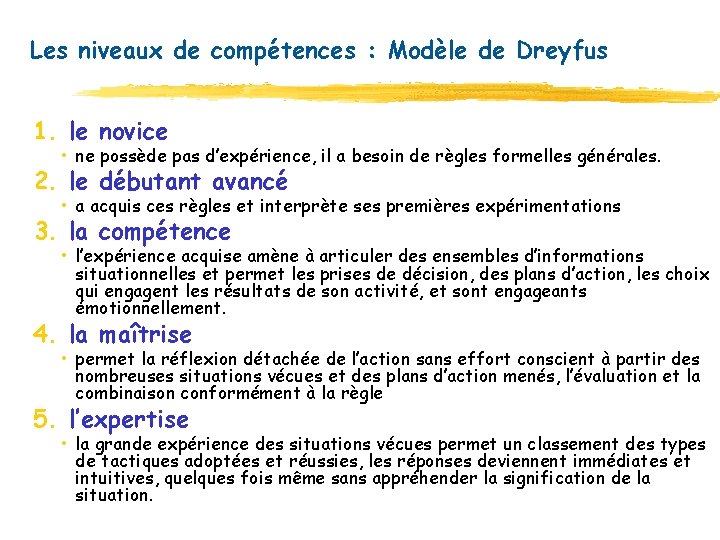 Les niveaux de compétences : Modèle de Dreyfus 1. le novice • ne possède Les niveaux de compétences : Modèle de Dreyfus 1. le novice • ne possède