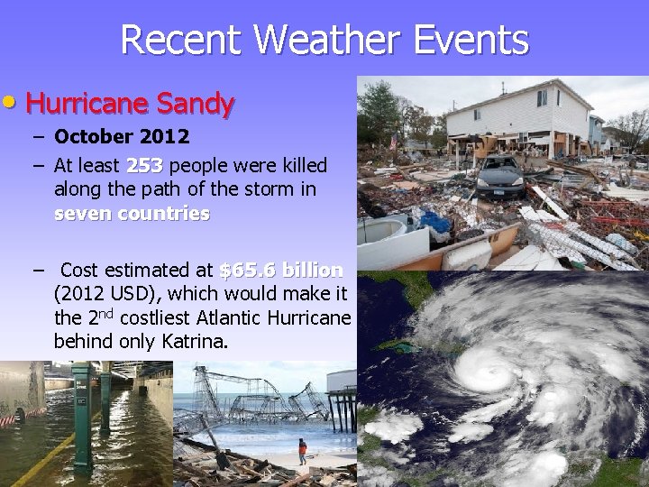 Recent Weather Events • Hurricane Sandy – October 2012 – At least 253 people