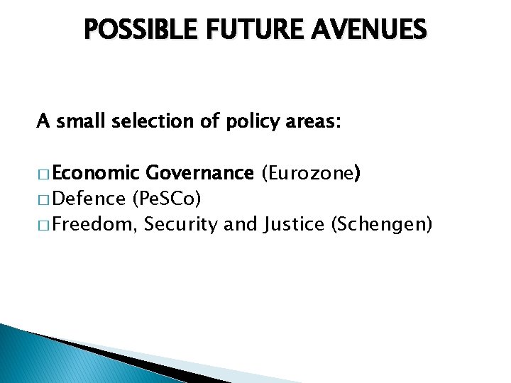 POSSIBLE FUTURE AVENUES A small selection of policy areas: � Economic Governance (Eurozone) �