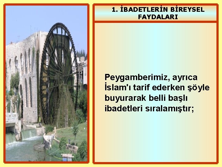 1. İBADETLERİN BİREYSEL FAYDALARI Peygamberimiz, ayrıca İslam'ı tarif ederken şöyle buyurarak belli başlı ibadetleri