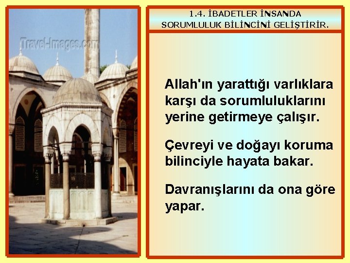 1. 4. İBADETLER İNSANDA SORUMLULUK BİLİNCİNİ GELİŞTİRİR. Allah'ın yarattığı varlıklara karşı da sorumluluklarını yerine