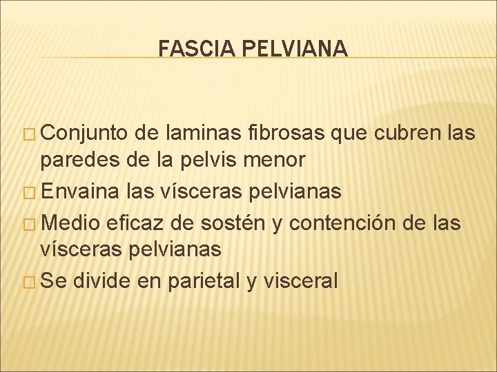 FASCIA PELVIANA � Conjunto de laminas fibrosas que cubren las paredes de la pelvis