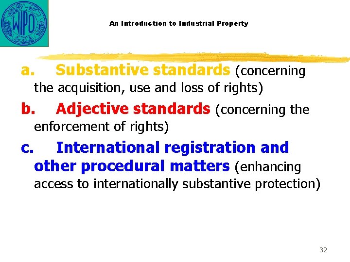 An Introduction to Industrial Property a. Substantive standards (concerning b. Adjective standards (concerning the