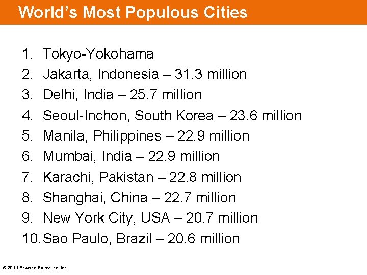 World’s Most Populous Cities 1. Tokyo-Yokohama 2. Jakarta, Indonesia – 31. 3 million 3.