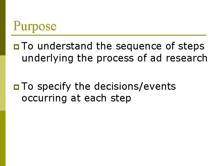 Purpose p To understand the sequence of steps underlying the process of ad research Purpose p To understand the sequence of steps underlying the process of ad research