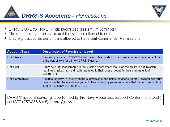 DRRS-S Accounts - Permissions • DRRS-S URL (SIPRNET): https: //drrs. csd. disa. smil. mil/drrs/login