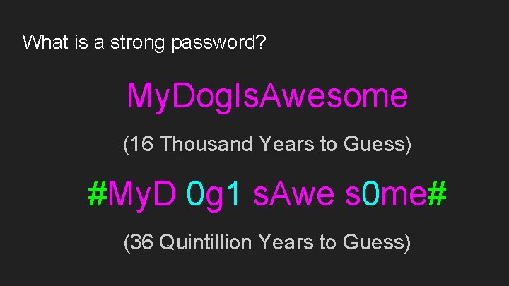 What is a strong password? My. Dog. Is. Awesome (16 Thousand Years to Guess)