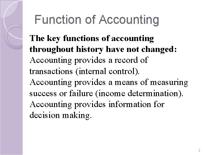 Function of Accounting The key functions of accounting throughout history have not changed: Accounting