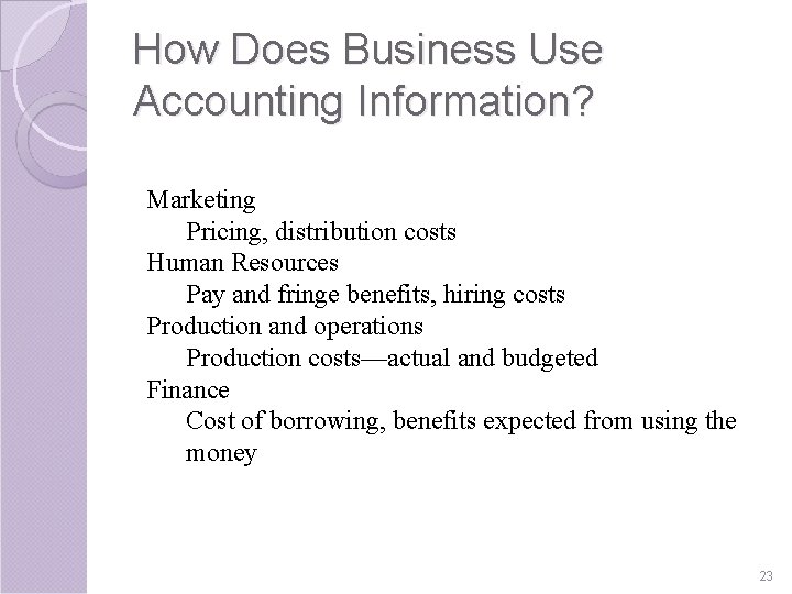 How Does Business Use Accounting Information? Marketing Pricing, distribution costs Human Resources Pay and