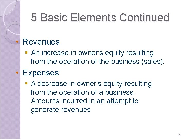 5 Basic Elements Continued • Revenues § An increase in owner’s equity resulting from 5 Basic Elements Continued • Revenues § An increase in owner’s equity resulting from