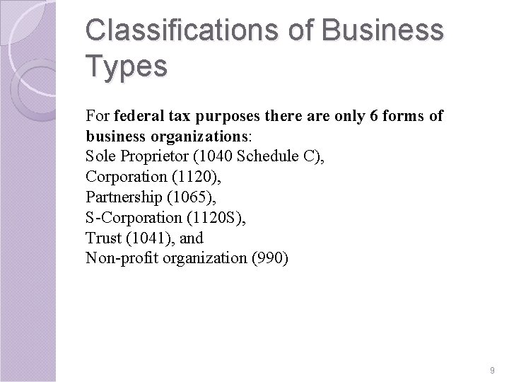 Classifications of Business Types For federal tax purposes there are only 6 forms of