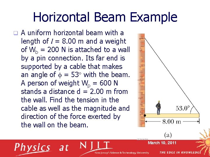 Horizontal Beam Example q A uniform horizontal beam with a length of l =