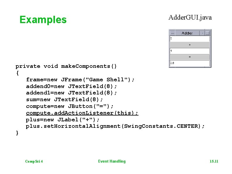 Adder. GUI. java Examples private void make. Components() { frame=new JFrame("Game Shell"); addend 0=new