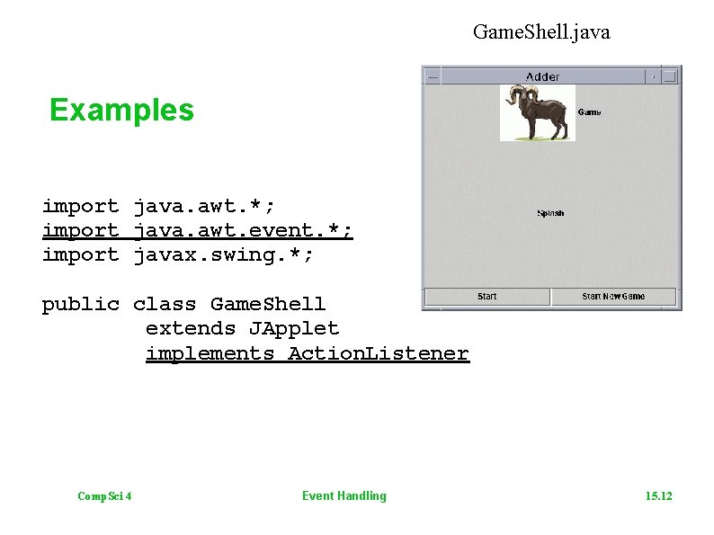 Game. Shell. java Examples import java. awt. *; import java. awt. event. *; import