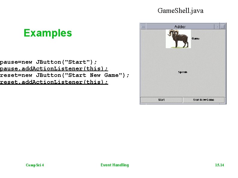 Game. Shell. java Examples pause=new JButton("Start"); pause. add. Action. Listener(this); reset=new JButton("Start New Game");