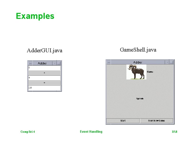 Examples Game. Shell. java Adder. GUI. java Comp. Sci 4 Event Handling 15. 8