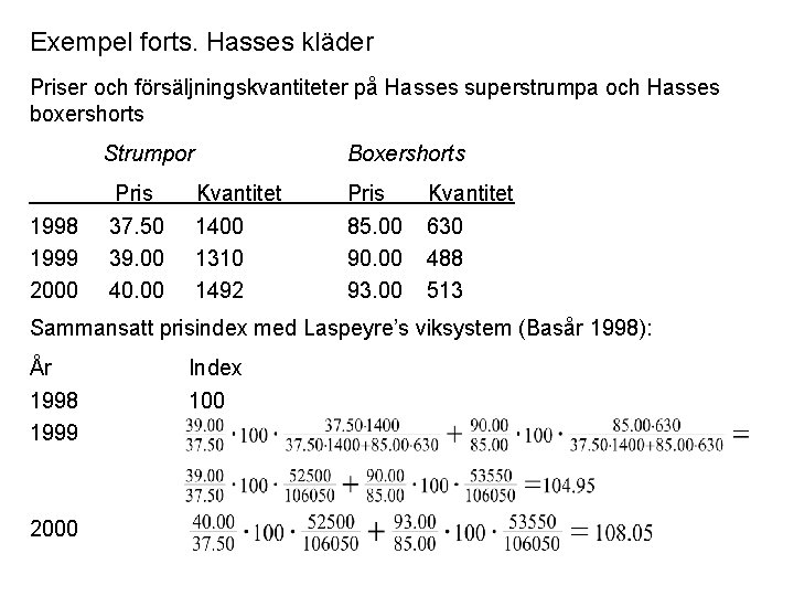 Exempel forts. Hasses kläder Priser och försäljningskvantiteter på Hasses superstrumpa och Hasses boxershorts Strumpor