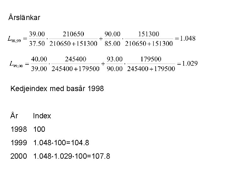 Årslänkar Kedjeindex med basår 1998 År Index 1998 100 1999 1. 048 100=104. 8