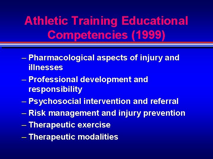 Athletic Training Educational Competencies (1999) – Pharmacological aspects of injury and illnesses – Professional