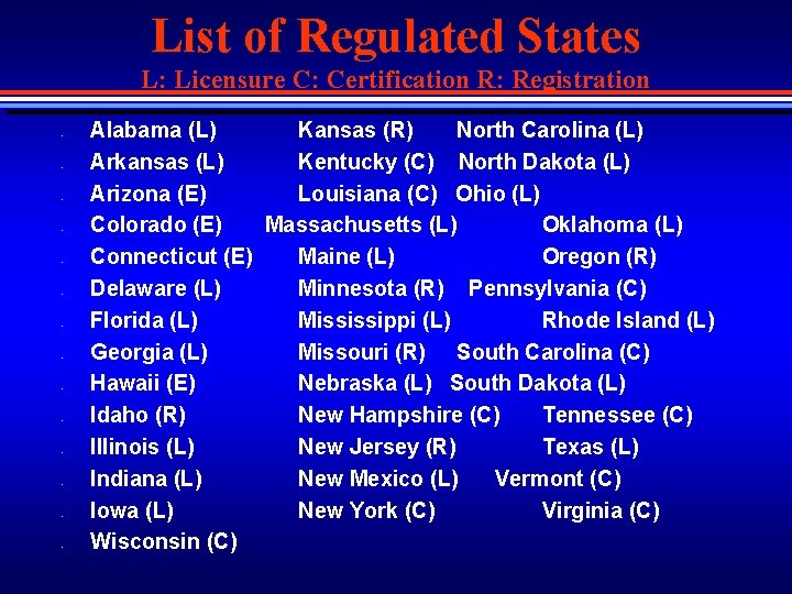 List of Regulated States L: Licensure C: Certification R: Registration • • • •