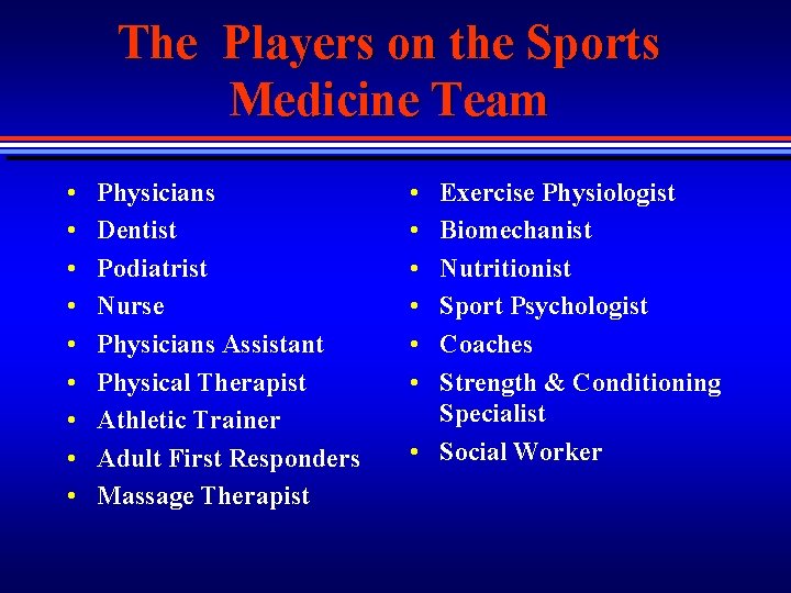 The Players on the Sports Medicine Team • • • Physicians Dentist Podiatrist Nurse