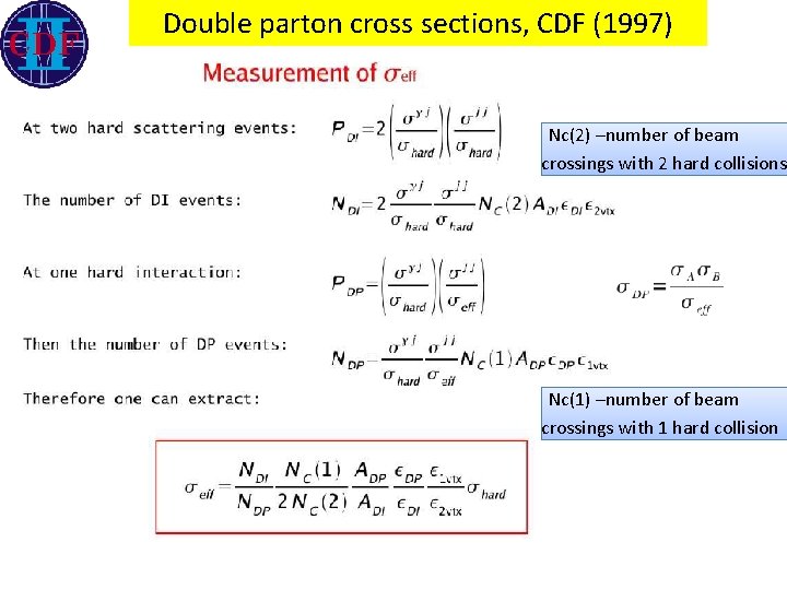 Double parton cross sections, CDF (1997) Nc(2) –number of beam crossings with 2 hard