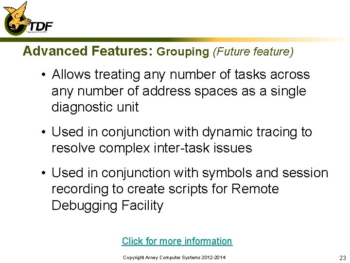 Advanced Features: Grouping (Future feature) • Allows treating any number of tasks across any