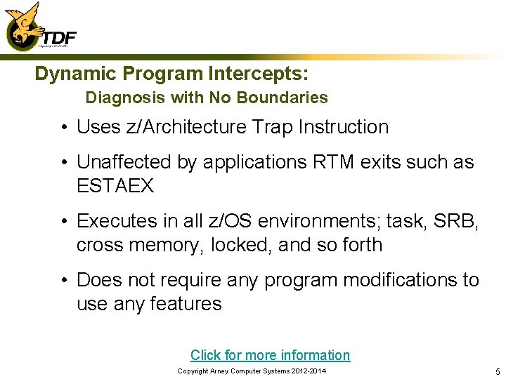Dynamic Program Intercepts: Diagnosis with No Boundaries • Uses z/Architecture Trap Instruction • Unaffected