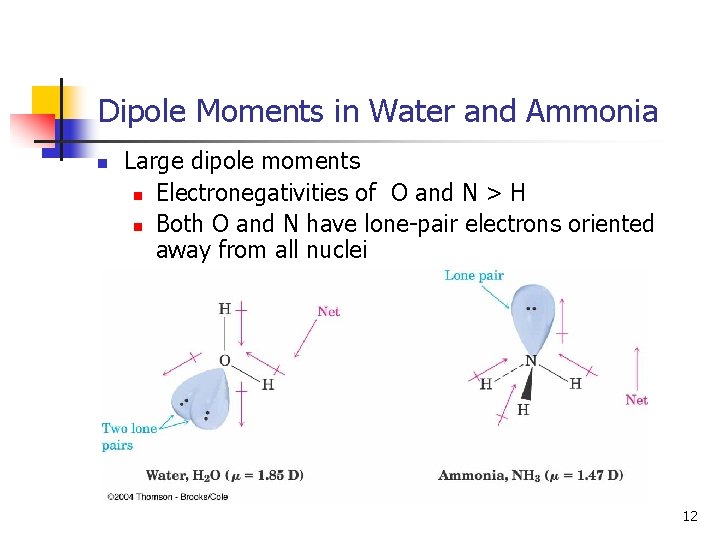 Dipole Moments in Water and Ammonia n Large dipole moments n Electronegativities of O