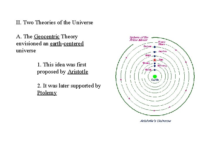 II. Two Theories of the Universe A. The Geocentric Theory envisioned an earth-centered universe