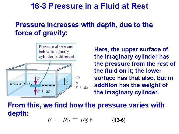 16 -3 Pressure in a Fluid at Rest Pressure increases with depth, due to