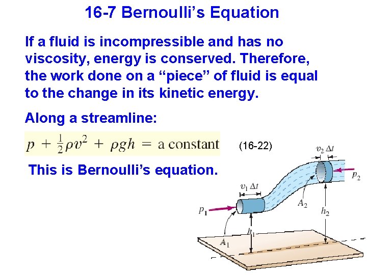 16 -7 Bernoulli’s Equation If a fluid is incompressible and has no viscosity, energy